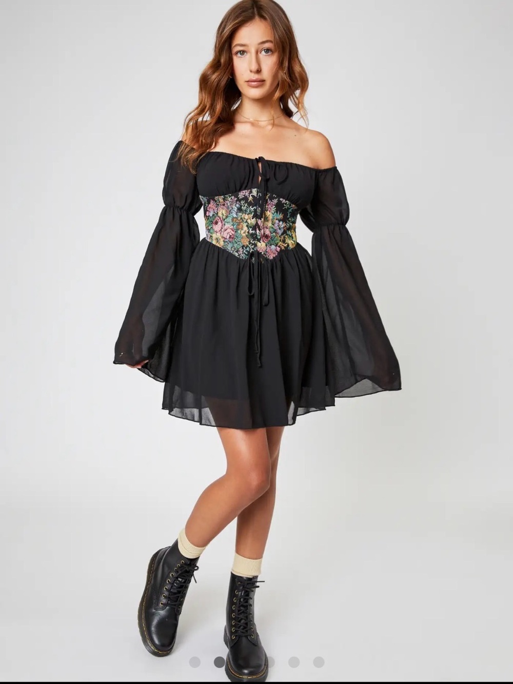 Cider Black Off-Shoulder Floral Corset Mini Dress